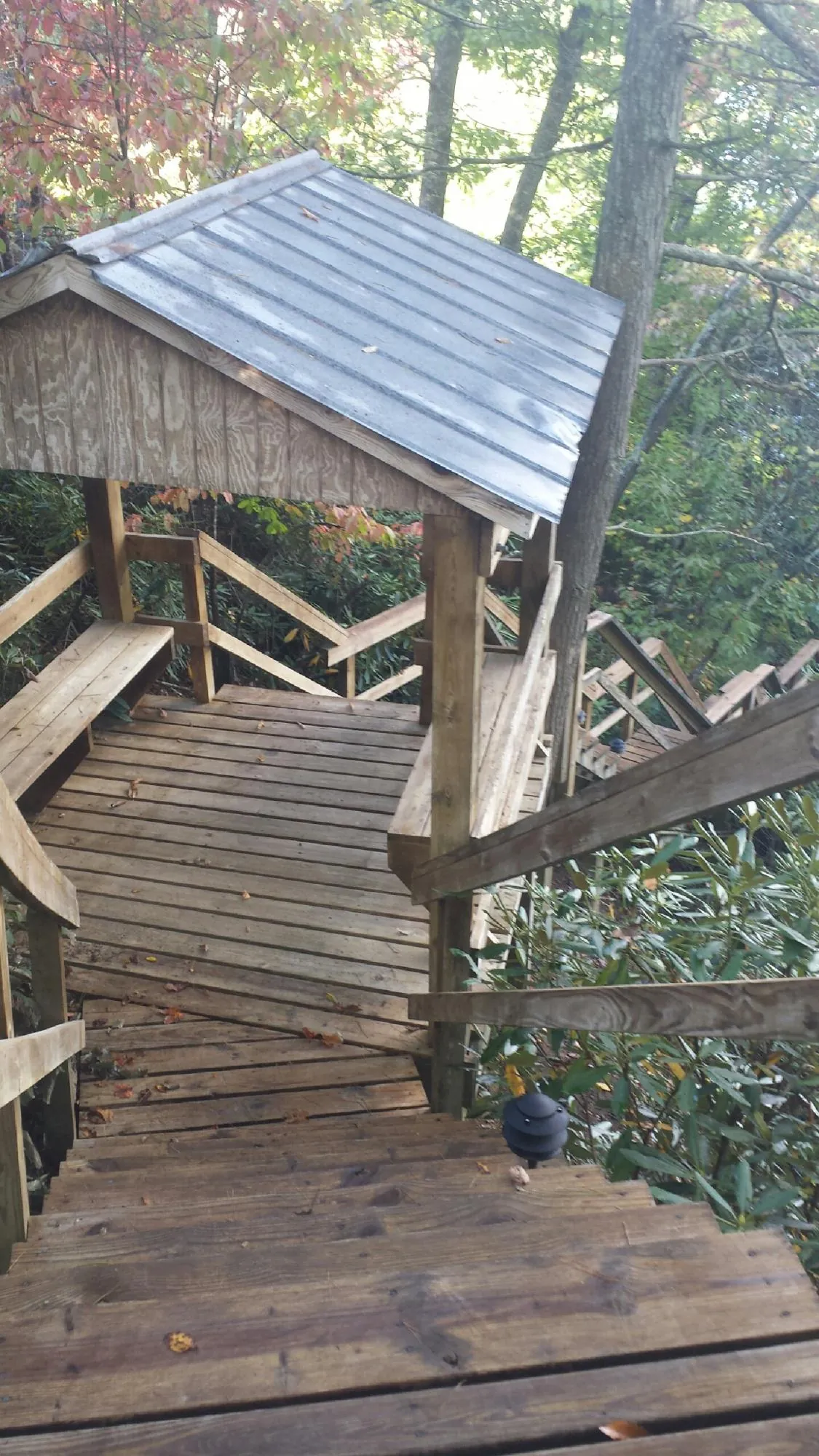 Metal roofed shelter over wooden steps on a wooded walkway — Skylight Repair & Installation work by our crew in Mary D
